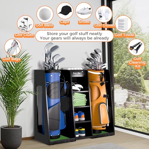 SuniBoxi Wooden Golf Storage Organizer for Garage, Premium Golf Bag Holder Rack for Golfing Accessories, Great Gift for Golfers,Husband, Dad(2 Bags,Dark Black) - size: 2 Bags