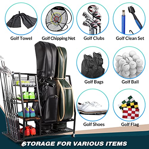 Sttoraboks Golf Bags Storage Garage Organizer, Golf Bag Rack Fits 2/3 Golf Bags and Golf Equipment Accessories, Golf Club Storage Stand with Wooden Shelf and Lockable Wheels for Garage Indoor Basement - style: 2pcs Bag Stand