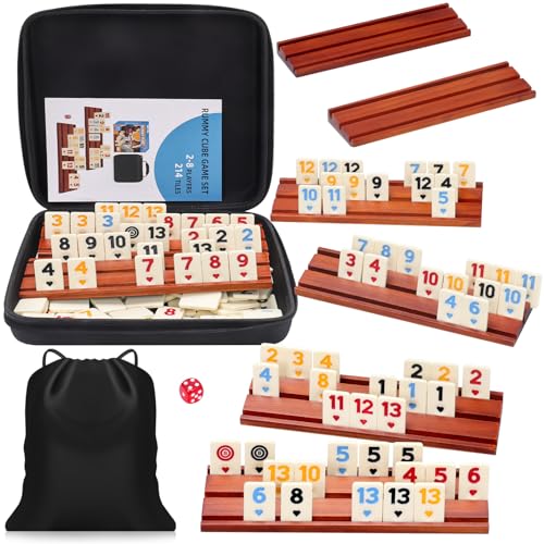 Rummy Cube 6-8 Players with 8 Wooden Racks 214 Large Number Rummy Tiles Travel Size Rummy Cube Game with Case 8 Players Travel Game Set for Fun Family Board Games - style: 214 Tiles+8 Racks