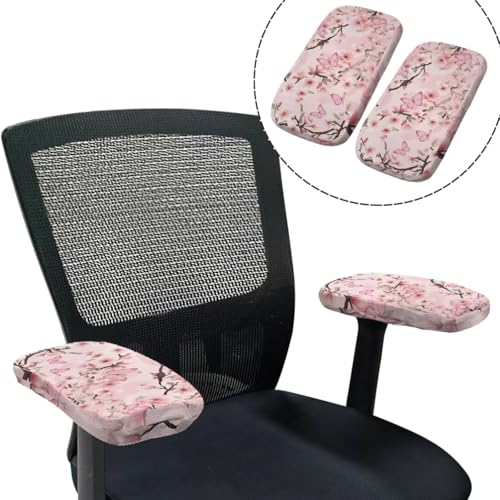 Pink Floral Butterfly Computer Chair Cover 4-Piece Set with Armrest Pads Easy to Clean Desk Chair Covers for Home and Rotating Chairs - color: Pink Floral Butterfly