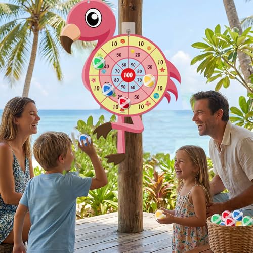 29" Large Flamingo Dart Board,Hawaii Dart Board Set Hello Summer Dart Shooting Fun Party Play Game Toys Tropical Party Supplies with 12 Stick Balls, Hook