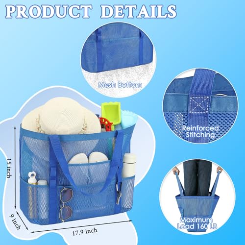 GYEUKHAM Mesh Beach Bag for Women, Sand-Resistant Pool Tote, 9 Pockets (1 Inner Zip), Foldable Family Travel Essentials - color: L-blue