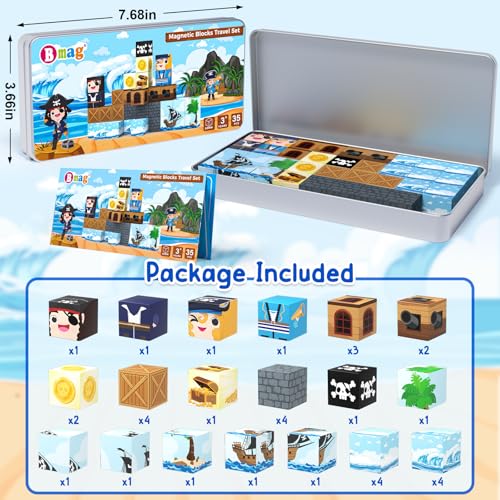 Bmag Magnetic Building Blocks for Kids,35 PCS Pirate-Themed Set, STEM Educational Magnet Toys for Kids Ages 3+, Travel Friendly Toys with Storage Box, Gifts for Boys and Girls - size: 35Pcs