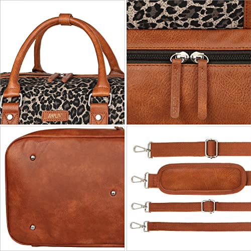 Weekender Bag for Women, Large Overnight Bag Canvas Travel Duffel Bag Carry On Tote with Shoe Compartment 21" 3Pcs Set - color: A02-brown+brown leopard