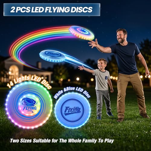 Wee Wonders 2 Pack Light Up Flying Discs for Kids Adults, 10" Rechargeable Disc with 45 LEDs, 14 Lighting Modes & 7.8" Built-in Battery Disc, Glow in The Dark Flying Ring for Beach Camping Sport Game - size: 2PCS: 10in + 7.8"