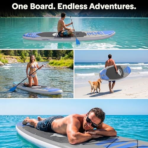 SereneLife 10’6" Inflatable Stand Up Paddle Board with Premium SUP Accessories - Wide Stable Design with Non-Slip EVA Deck Pad, for Youth and Adults, 350 lbs. Capacity - color: Blue