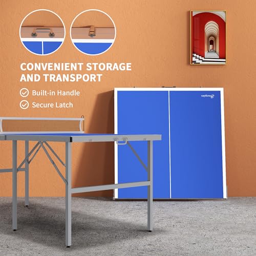 Mini Ping Pong Table Set for Outdoor and Indoor, Foldable Table TTable with Net, 2 Paddles, 3 Balls, Adjustable Feet, Easy Assembly, Blue
