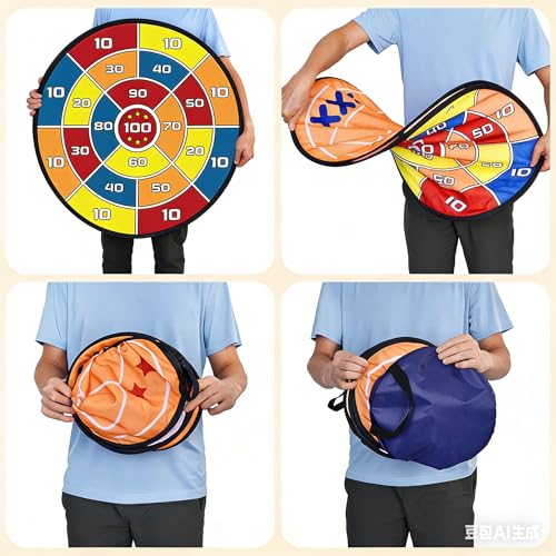 Outdoor Games Upgraded Set: Large Dart Boards with 12 Sticky Darts, 29" Tic Tac Toe with 12 Balls, Double Fun for Kids Family Summer Backyard Pool Beach Party Games