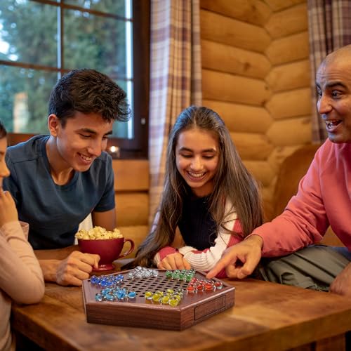 14.2" Wooden Chinese Checkers Board Game with Storage Drawer | 6-Player Marble Strategy Game | Classic Family Board Game for Kids & Adults | 16mm 60+12 Colorful Glass Marbles, More Easy Grasping