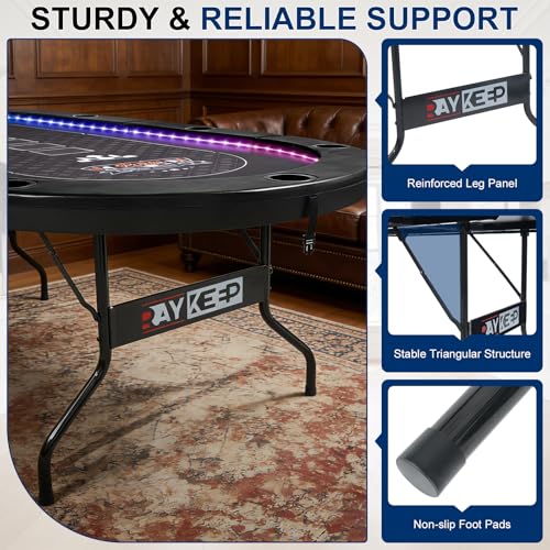 RAYKEEP LED Foldable Poker Table, 10 Players Folding Texas Holdem Blackjack Casino Table w/Inlaid 3-Color LED Light, Padded Rails & Cup Holders, Portable Card Game Table for Home Game Room & Parties - color: 84" Led