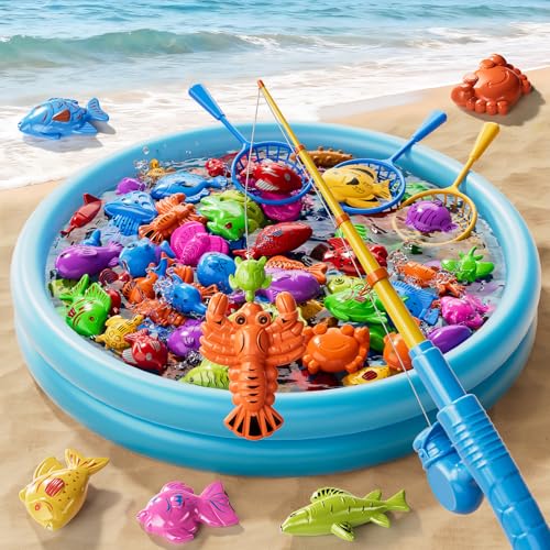 Magnetic Fishing Game Toys for Kids Toddlers 3-5 4-8, Water Table Bathtub Toys with Inflatable Pool Pole Rod Net Floating Fish, Water Bath Pool Outdoor Toys for Boys Girls Age 3 4 5 6 7 8 Year Old - style: 3 rods 3 nets 44 fish