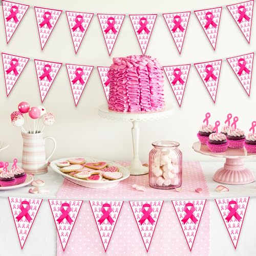 100 FT Breast Cancer Awareness Decorations, 3 Pack Pre-assemble Pink Ribbon Pennant Banner Flags, 60 PCS Plastic Pennants Flags Indoor Outdoor Party Supplies Home Office Ceiling Wall Hanging Decor - style: Breast Cancer