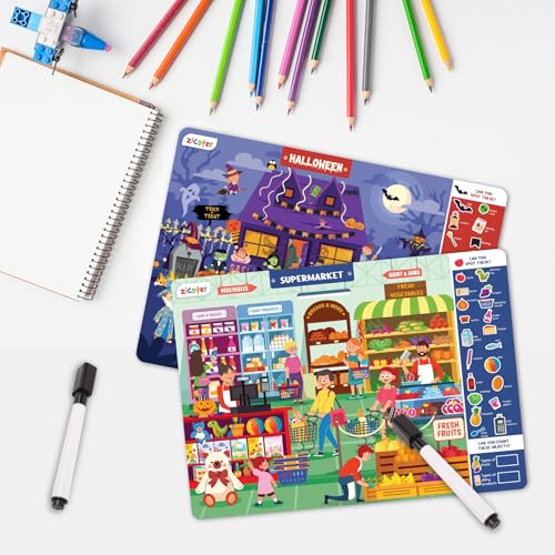 Preschool Learning Activity Game | Reusable Search N Spot Mats for Kids Ages 3-6 | Wipe-Clean Educational Game | Homeschool Classroom Must-Have | Reusable Activities, Gifts for Ages 3, 4, 5, 6
