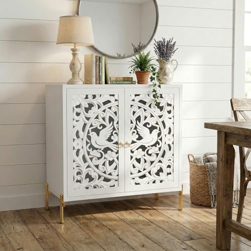 DHZ Accent Cabinet with Doors, Hollow-Carved Pattern Buffet Cabinet with Storage, Freestanding Sideboard Cabinet for Living Room Dining Room Entryway