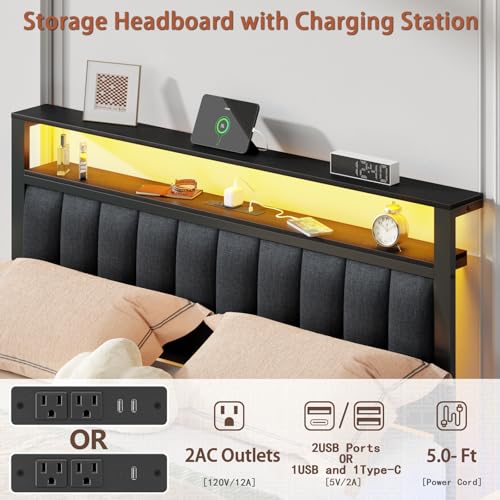 Furnulem Queen Bed Frame with Charging Station and LED Lights, Grey Upholstered Headboard with Shelves, Metal Platform Bed with 2 Under-Bed Storage (Fabric Drawer on Wheels), No Box Spring Needed - size: Queen