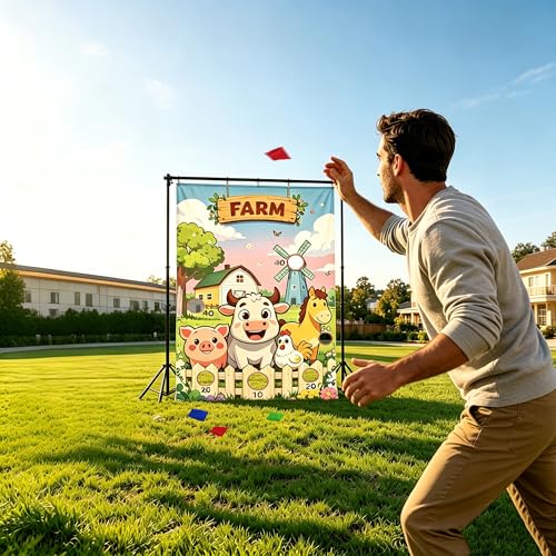Farm Animals Toss Game Birthday Party Supplies Bean Bag Toss Game for Adults, Washable Heavy Duty Outdoor Indoor Throwing Theme Party Game Banner with 3 Bean Bags and 19.6ft String