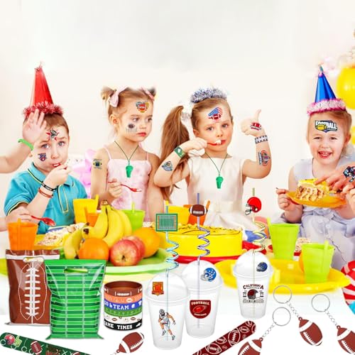 134 Pcs Football Party Favors Set 12 Silicone Bracelet 12 Whistles 12 Keychains 12 Slap Bracelet 12 Tattoo Stickers 12 Plastic Straws 12 Gift Bags 50 Football Stickers for Football Party Supplies