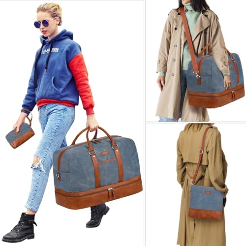 Weekender Bag for Women, Large Overnight Bag Canvas Travel Duffel Bag Carry On Tote with Shoe Compartment 21" 3Pcs Set - color: A13-brown+blue