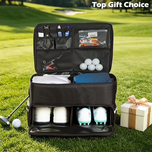 Golf Trunk Organizer Waterproof Car Golf Storage with Ventilated Compartment for 2 Pairs of Shoes, Ideal for Golf Balls Tees Caps Clothes Gloves and Accessories Golf Gift for Men and Women