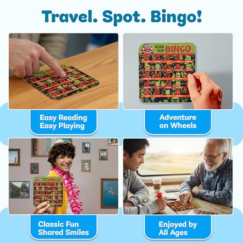 GSM Brands Car Bingo Travel Games for Kids – Fun Road Trip Scavenger Hunt Card Game (5 Pack)