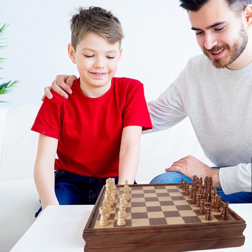 GSE Games & Sports Expert 15" Large Wooden 2-in-1 Chess & Checkers Board Game Combo Set with Drawer, Board Games Chess Checker Set for Kids & Adults