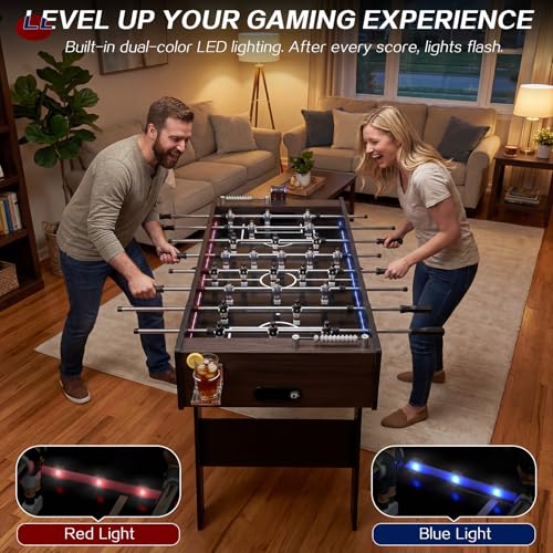 RAYKEEP 53" Folding Foosball Table with LED Lights, Full Size Indoor Soccer Game with Electronic Scoreboard for Adults & Kids, Home, Game Room, or Office – Includes 2 Balls & 2 Cup Holders
