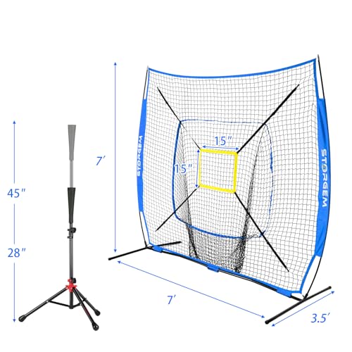 Storgem Baseball and Softball Practice Net 7×7ft Portable Hitting Pitching Batting Training Net Baseball Backstop Net with Batting Tee and Strike Zone and Bow Frame - color: Blue