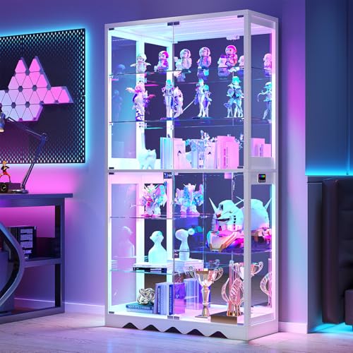 Large Display Cabinet with Glass Doors, 8-Tier RGB Curio Cabinet with Smart Human Induction & Remote Control, 73" Tall Stable Glass Display Case for Collectibles, Figures, Lockable Storage, White