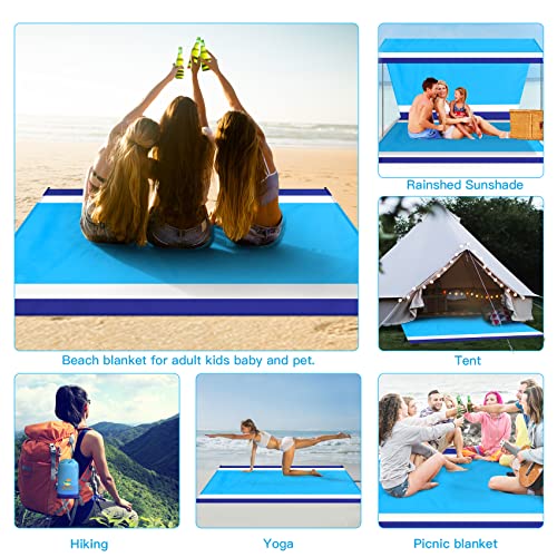 BYDOLL Beach Blanket Waterproof Sandproof Large Sand Free,78''X81''/10'X9' Oversized Sandless Lightweight Blanket Picnic Mat for Beach Travel Camping Hiking with Stakes - color: Blue White, size: 78"X81"