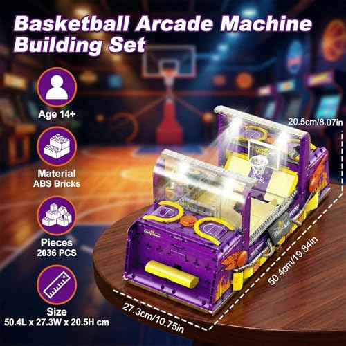 Basketball Arcade Pinball Machine Building Blocks Set for Adults, Motorized Tabletop Basketball Board Game with Lights & Music, STEM Toys Gift Ideas for Sport Lovers - style: Basketball Arcade Machine