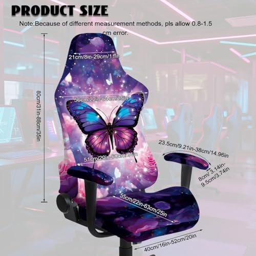 Suobstales Galaxy Butterfly Rose Flower Pattern Gaming Chair Cover, Soft Gaming Chair Slipcovers for Office, Soft Spandex Gaming Chair Slipcovers with Armrest Covers for Office Chair, Computer Chair - color: Galaxy Butterfly Rose Flower