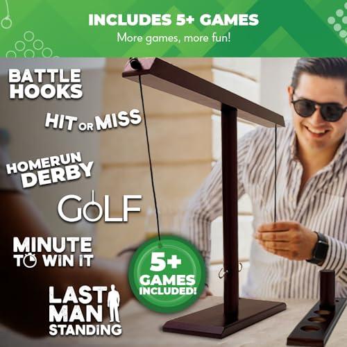 Swooc GamesĀ® - Battle Hooks XL Hook and Ring Game with Ladder - 20 Second Set Up - Hook and Ring Toss Game for Adults - Wooden Ring Hook Tossing Game - Tabletop Ring Hook Game