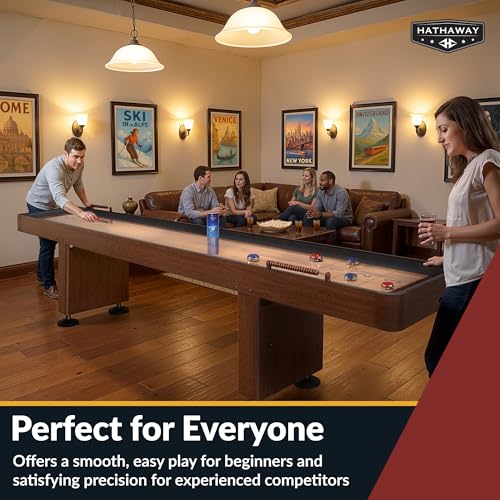 Hathaway Challenger Shuffleboard Table for Family Arcade Game Room - with Poly-Coated Playfield, Built-in Scorer & Cabinet, Climate Adjusters, Leg Levelers, 8 Pucks, Brush & Wax - Walnut Finish - size: 12-foot