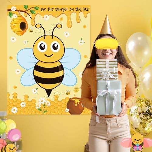 Faccito Bee Party Decorations Pin The Stinger on The Bee Games Honeycomb Poster with 24 Stickers Blindfold Pin Games Set for Honeybee Birthday Party Decorations Indoor Outdoor Activities Supplies - style: Bee