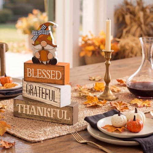 Lineshading 4 Pcs Wooden Farmhouse Tabletop Decor Rustic Home Tiered Tray Decor Decorative Farmhouse Table Decoration Home Block Signs Gift(Blessed Gnome) - style: Blessed Gnome