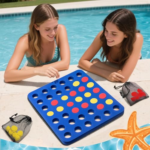 RoundFunny 4 in a Row Pool Connect Game Set EVA Floating Board Game 4 to Score Strategy Board with Chess Pieces Mesh Bag for 2 Player Family Pool Playing