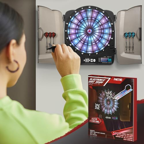 Electronic Dart Board Cabinet Set, Illuminated Target Dartboard for Adults, 48 Games with 315 Variations Soft Tip Digital Dartboard Cabinets with 6 Darts, 100PCS Soft Tips