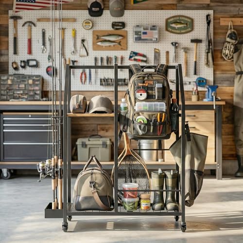 Golf Storage Organizer for Garage,Golf Bag Storage Rack | Smooth Rolling Wheels, Multi Storage Zones, Holds Golf Bags & Clubs, Heavy-Duty Frame, Space-Saving Garage Organizer
