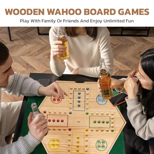 20inch Wahoo Board Game,2 In 1 Marble Board Game with Storage box for 4 or 6 Players,Large Size Fast Track Board Game with 36 Glass Marbles,8 Dice,Storage Bag and Instruction Manual,Classic Board Game