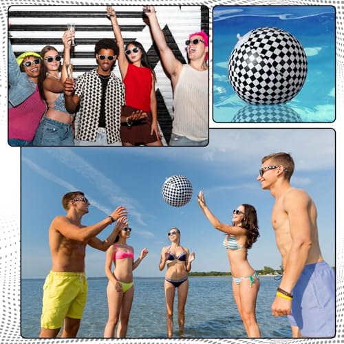 48 Pcs Checkered Beach Ball with Glasses Race Themed Party Favors Black and White Inflatable Beach Ball 10 Inch Race Car Birthday Decoration and Summer Pool Gifts Supplies - style: Checkered Flag