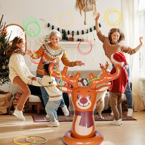 Christmas Reindeer Ring Toss Game for Kids, Inflatable Reindeer Antler Toss Party Games with Pump and Rings, Christmas Party Games for Family, Holiday Indoor Outdoor Fun Toys Xmas Decorations