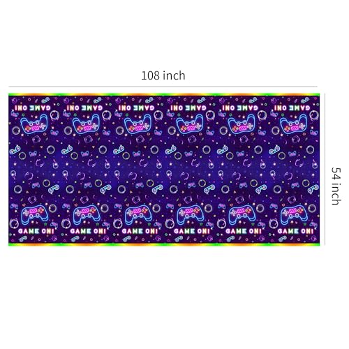 Video Game Party Tablecloth Decorations - Disposable Neon Glow Level Up Game On Birthday Party Supplies Table Cover - 3 Pack (54in x 108in)