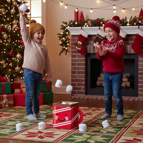 Holiday Hot Chocolate Bean Bag Toss Game, 8 Pc Christmas Party Game for Kids and Adults, Indoor Winter Activity with Marshmallow Bean Bags for Family, Classroom, Events and Carnivals