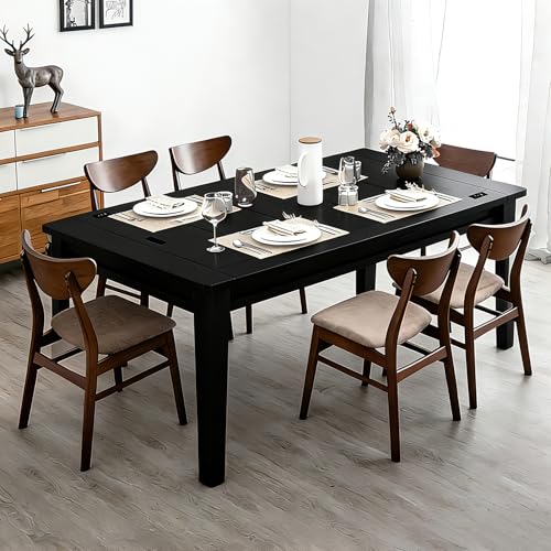 Haddockway Solid Wood Board Game Table with Colorful Led Lights, Dining/Gaming Table for 4-6 Players with Charge Station,Removable Top, Play Mat, 6 Cup Holders & Trays (Black) - color: Solid Wood Black With Led Light