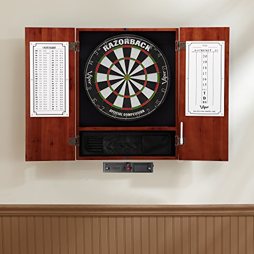 Viper Metropolitan Solid Wood Cabinet & Sisal/Bristle Dartboard Play-Ready Bundle: Elite Set (Razorback Dartboard, Darts and Laser Throw Line), Cinnamon Finish