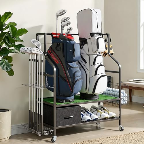 Golf Bag Organizer Storage Rack, Rolling Golf Storage Organizer for Garage, Golf Equipment Holder with Wheels, Turf Mat, Carbon Steel - size: 31.5 in (L) x 15.8 in (W) x 37.4 in (H)