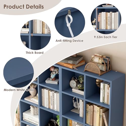 FOTOSOK 71'' Tall Bookshelf with 14 Cubes, 7 Tier Double Wide Bookshelf with 6 Adjustable Shelves, 19.6" Narrow Bookcase DVD/CD Media Storage Shelf, Space Saving Display Shelf Cabinet, Blue - color: Blue