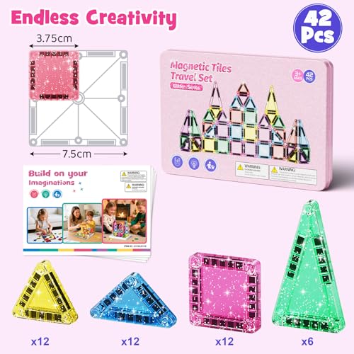 WMXDU 42-Piece Glitter Magnetic Tiles Travel Set with Pink Metal Box - Portable STEM Building Blocks for Kids Ages 3-8 Boys & Girls STEM Montessori Educational Toys for Airplane Car Rides - style: 42pcs-Pink