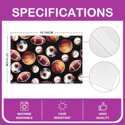 Erosebridal Ball Games Placemats Set of 4 12x18 Sports Place Mat for Boys Men Basketball Soccer Baseball Football Volleyball Black Heat Resisting Table Mats - color: Black