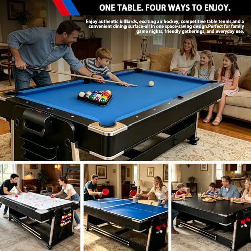 Pool Table Dining Table Combo with Ping Pong & Air Hockey Table, 7ft 4-in-1 Multi Game Table, Convertible Billiard Table for Adults Outdoor/Indoor - color: Blue